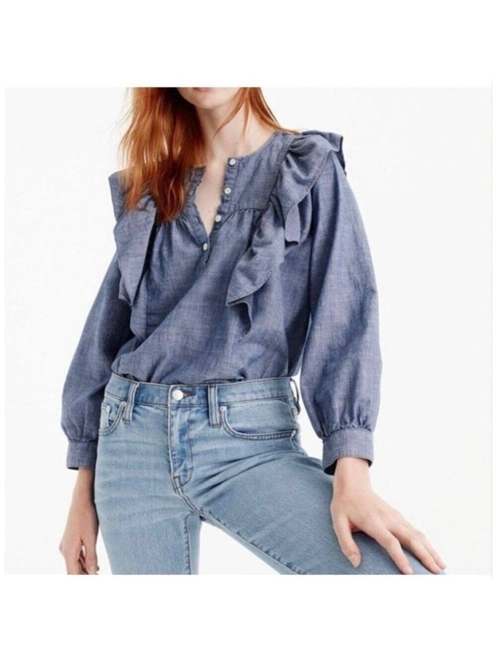 J.Crew Blue Chambray Ruffle Babydoll Henley Blouse Size 4